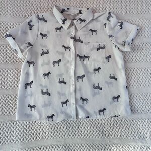 Pink Rose Zebra Print Crop Button Down Blouse Medium White Black Short Sleeve
